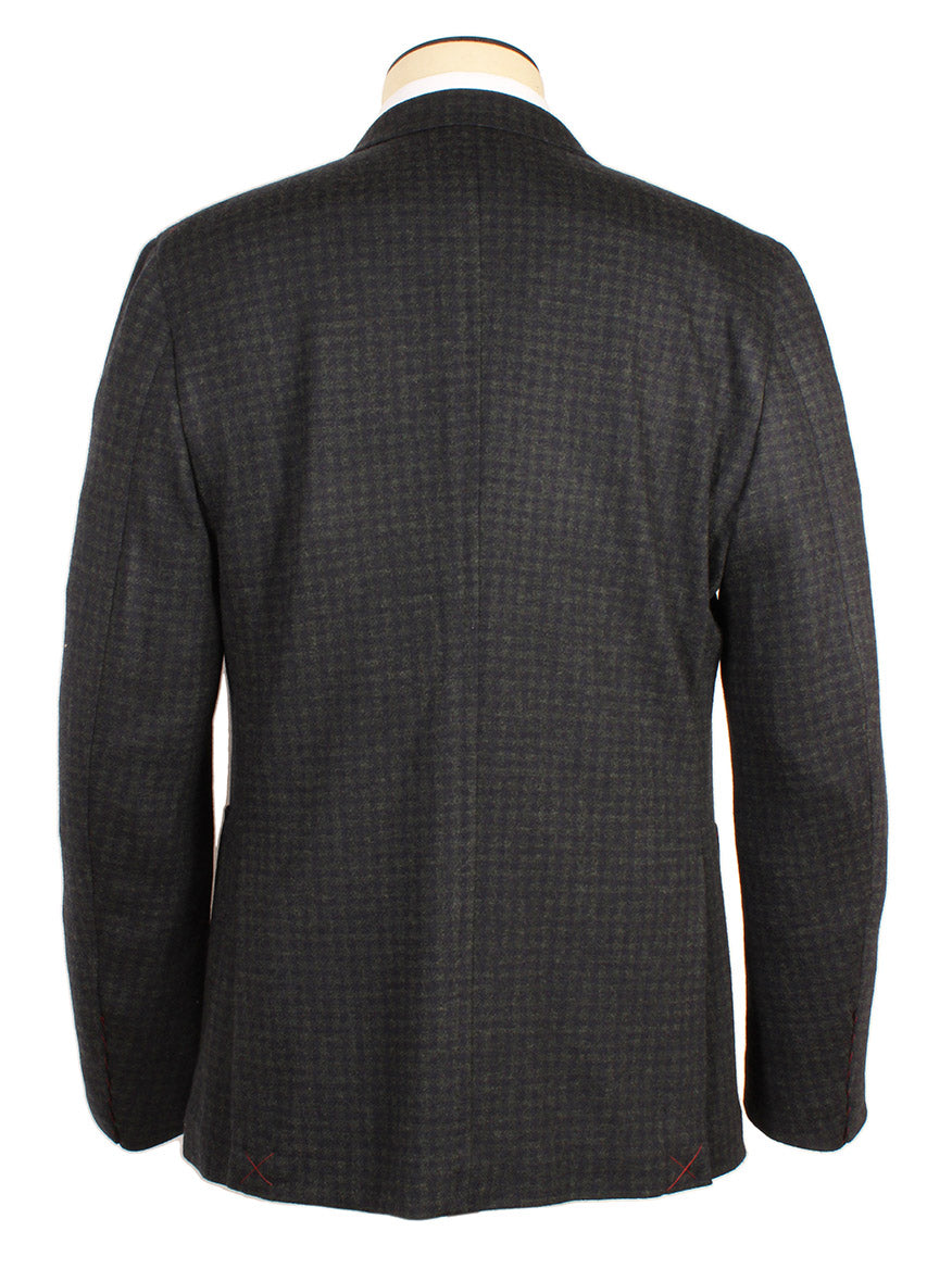 The Isaia Double-Face Jersey Sport Jacket in Dark Green/Navy Check, made in Italy, is displayed on a mannequin and shown from the back.
