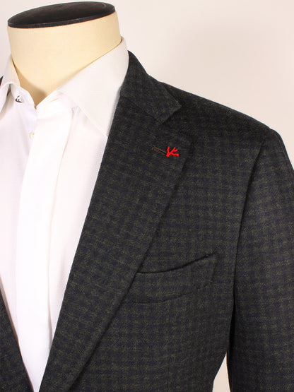 Close-up of a mannequin wearing the Isaia Double-Face Jersey Sport Jacket in Dark Green/Navy Check, styled over a white dress shirt. Features red lapel stitching. Made in Italy.