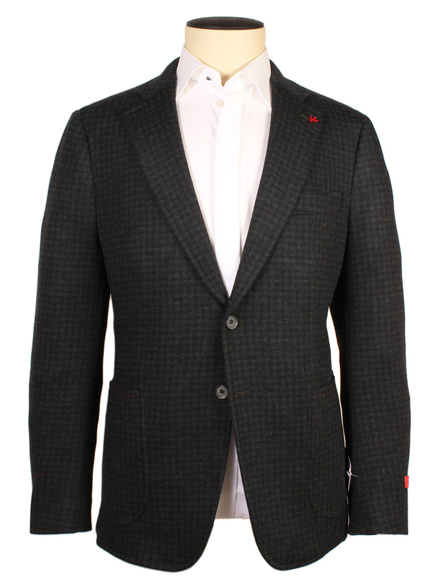 The Isaia Double-Face Jersey Sport Jacket in dark green/navy check, crafted in Italy, is styled with a white dress shirt and showcased on a headless mannequin.