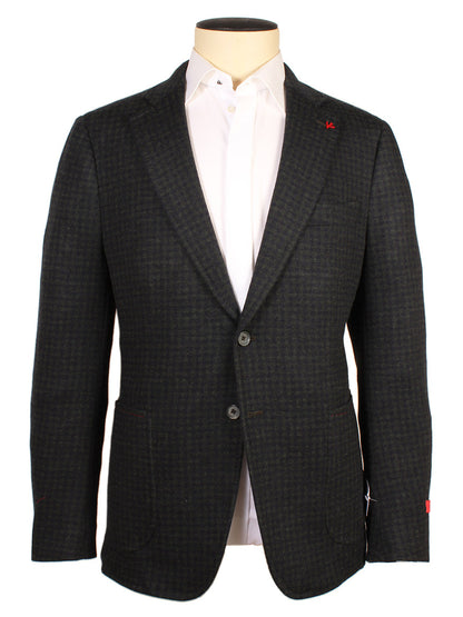 The Isaia Double-Face Jersey Sport Jacket in dark green/navy check, crafted in Italy, is styled with a white dress shirt and showcased on a headless mannequin.