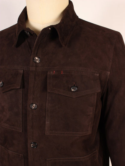Close-up of the Isaia Double Suede Overshirt in Brown, made in Italy and displayed on a mannequin, featuring a buttoned front and chest pockets.