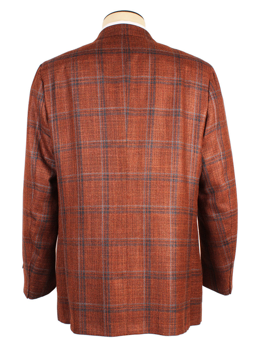 Back view of an Isaia Matte Effect Sport Jacket in Rust with Navy & Grey Windows on a mannequin, showcasing its checkered pattern, long sleeves, and matte effect. Made in Italy.