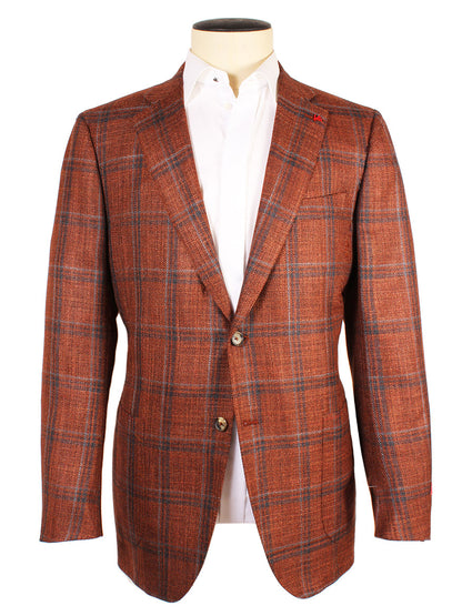 A mannequin dressed in an Isaia Matte Effect Sport Jacket in Rust with Navy & Grey Windows over a white dress shirt, showcasing the elegant "Made in Italy" craftsmanship.