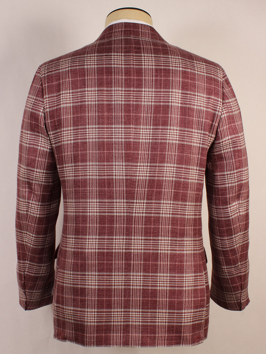 The image shows the back view of an Isaia Sanita Plaid Sport Jacket in Burgundy Plaid, displayed on a mannequin against a plain background.