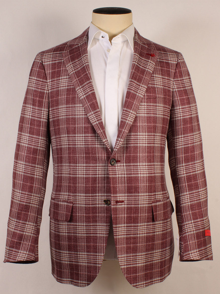 A burgundy plaid Isaia Sanita Sport Jacket with two buttons, notch lapels, and flap pockets, made in Italy, shown on a mannequin dressed in a white shirt.