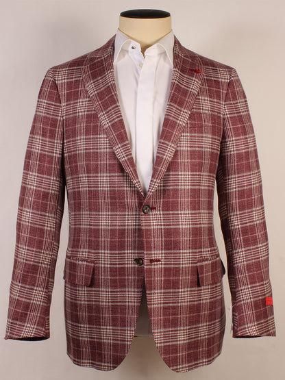 A burgundy plaid Isaia Sanita Sport Jacket with two buttons, notch lapels, and flap pockets, made in Italy, shown on a mannequin dressed in a white shirt.