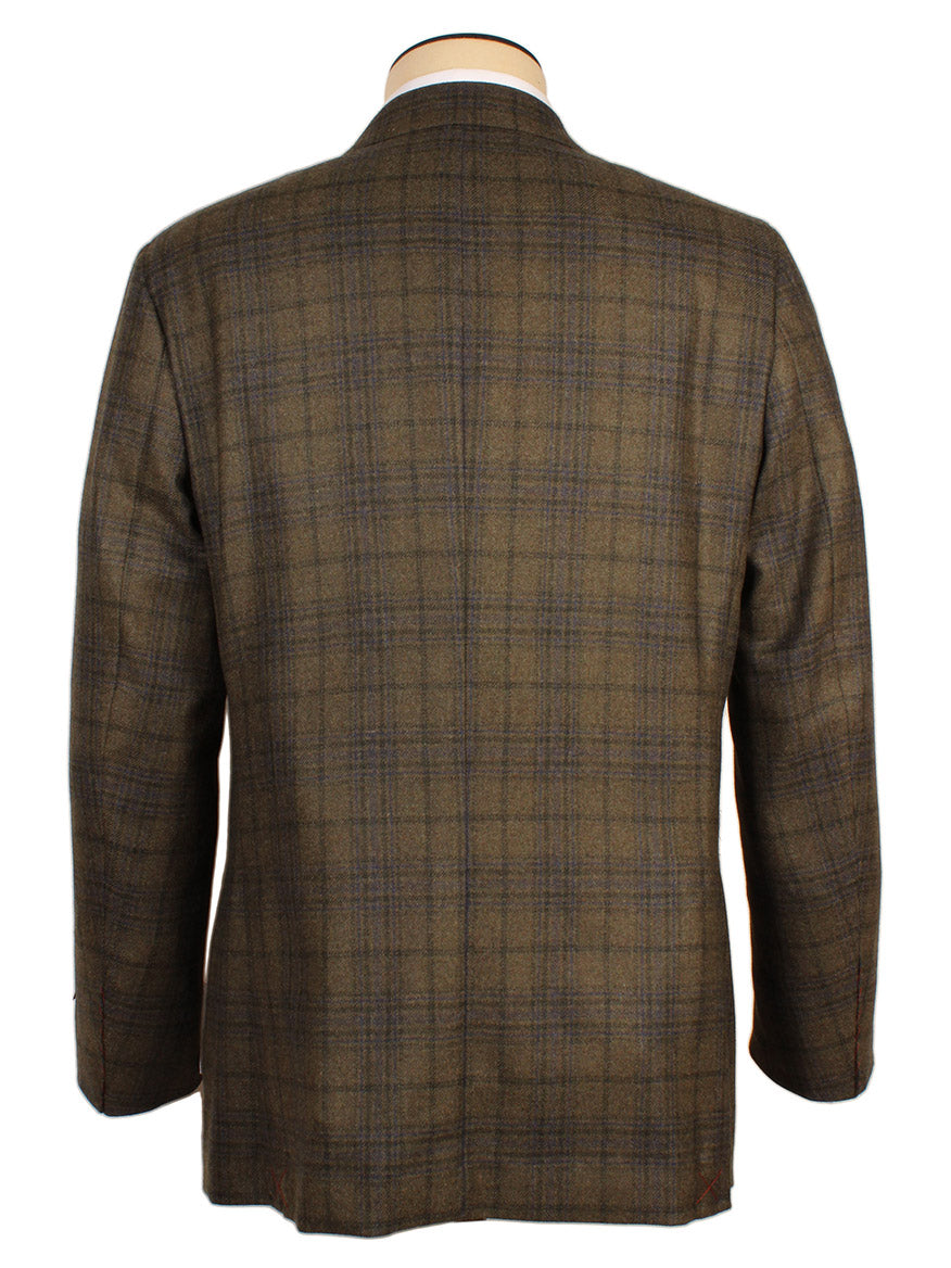 Back view of an Isaia Sanita Patch Pocket Sport Jacket in green plaid, long sleeves, made in Italy, shown on a mannequin against a white background.
