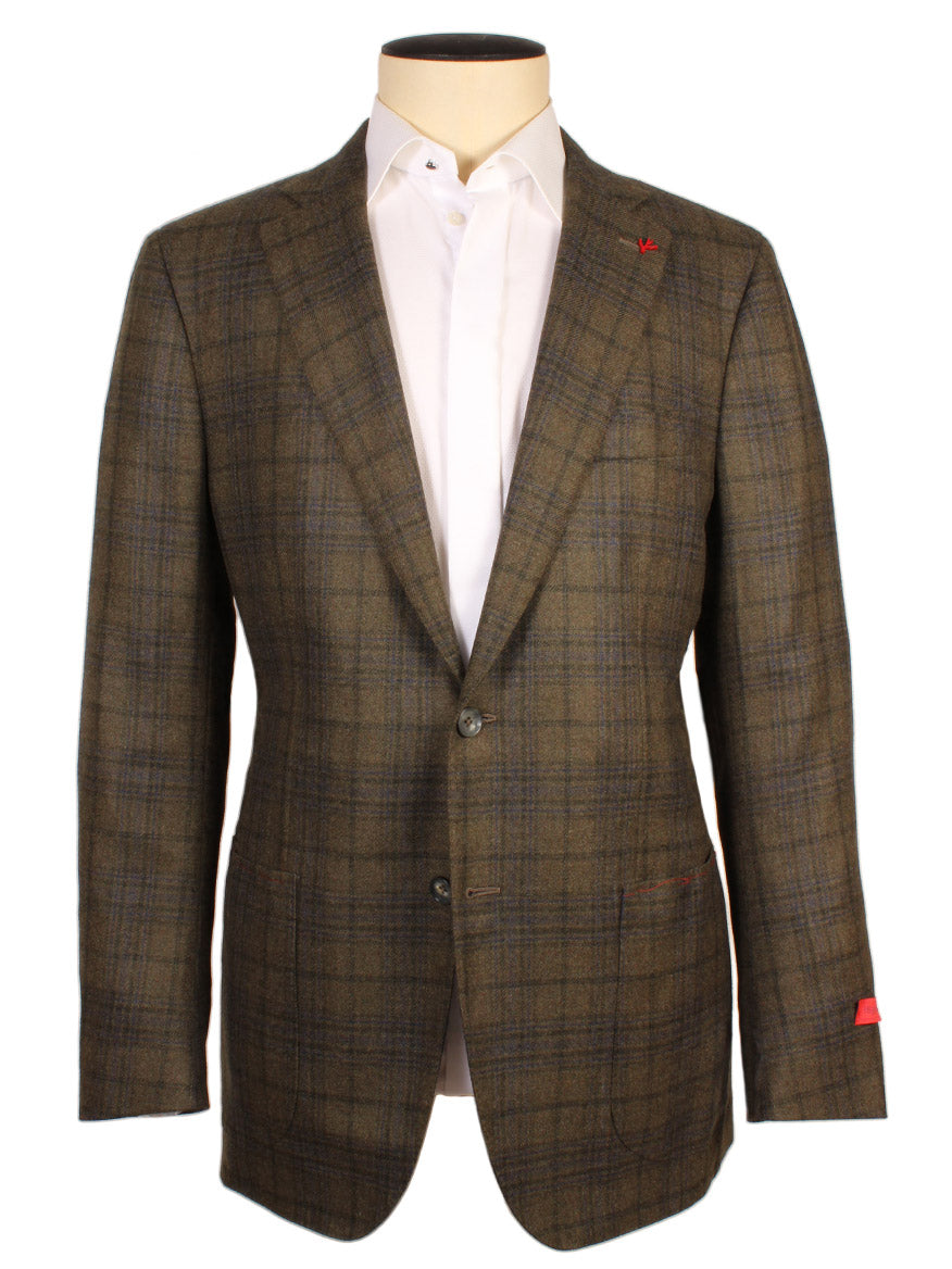 The Isaia Sanita Patch Pocket Sport Jacket in green plaid features two buttons and notched lapels, paired with a white dress shirt on a torso mannequin. Made in Italy for refined elegance.