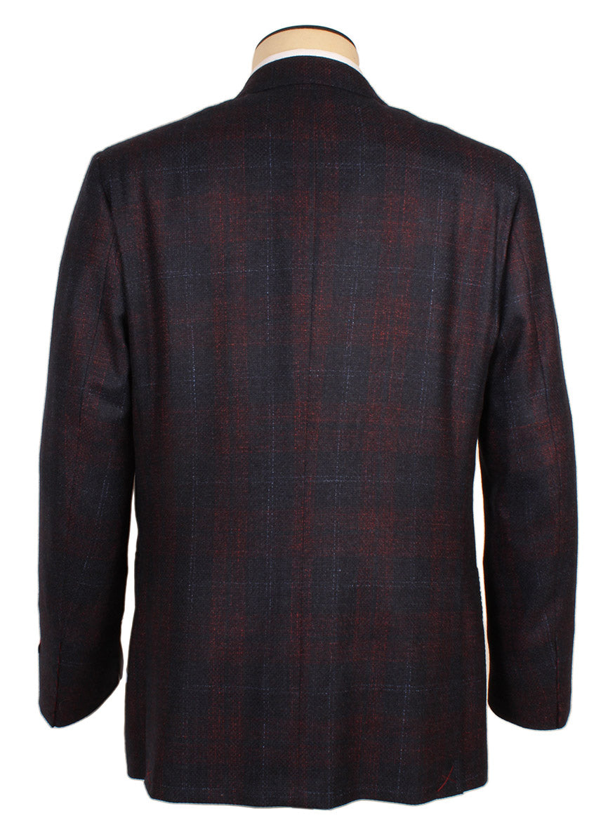 Back view of the Isaia Sanita Patch Pocket Sport Jacket in Navy on a mannequin, featuring long sleeves and a subtle red and blue check pattern. Made in Italy.