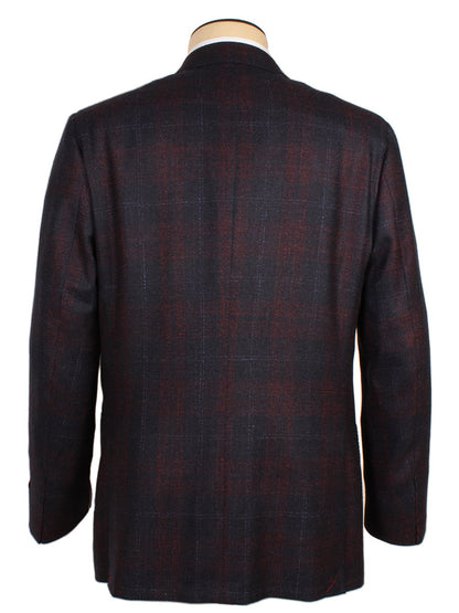 Back view of the Isaia Sanita Patch Pocket Sport Jacket in Navy on a mannequin, featuring long sleeves and a subtle red and blue check pattern. Made in Italy.