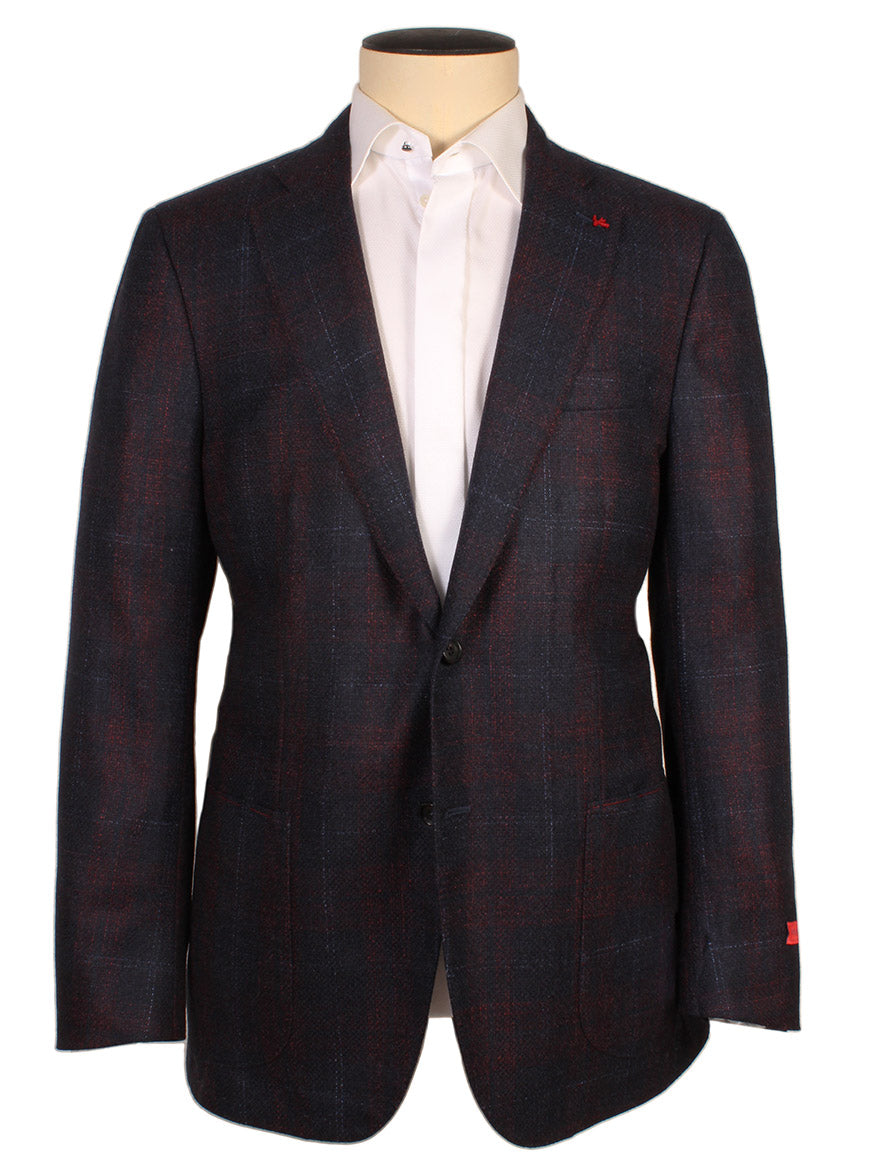 An Isaia Sanita Patch Pocket Sport Jacket in navy with two buttons, paired with a white dress shirt, displayed on a mannequin. Made in Italy.