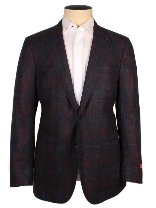 An Isaia Sanita Patch Pocket Sport Jacket in navy with two buttons, paired with a white dress shirt, displayed on a mannequin. Made in Italy.