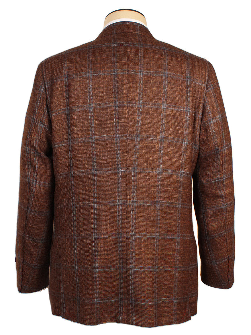 Back view of the Isaia Sanita Flap Pocket Sport Jacket in rust plaid with blue and gray lines, made in Italy, displayed on a mannequin.