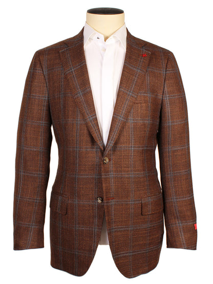 Isaia Sanita Flap Pocket Sport Jacket in Rust Plaid with blue lines, two buttons, notch lapels, and flap pockets, made in Italy and shown on a mannequin over a white dress shirt.