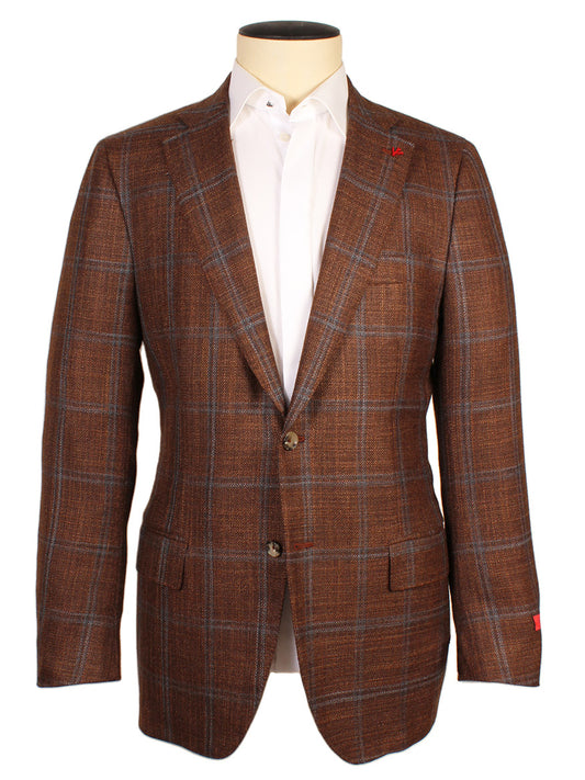 Isaia Sanita Flap Pocket Sport Jacket in Rust Plaid with blue lines, two buttons, notch lapels, and flap pockets, made in Italy and shown on a mannequin over a white dress shirt.