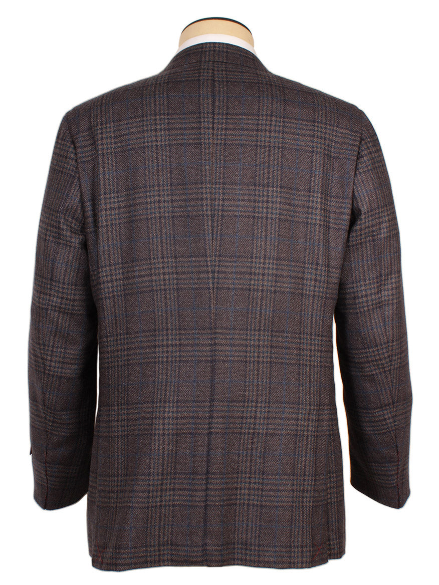 An Isaia Sanita Patch Pocket Sport Jacket in medium blue plaid, made in Italy, shown from the back and displayed on a mannequin.
