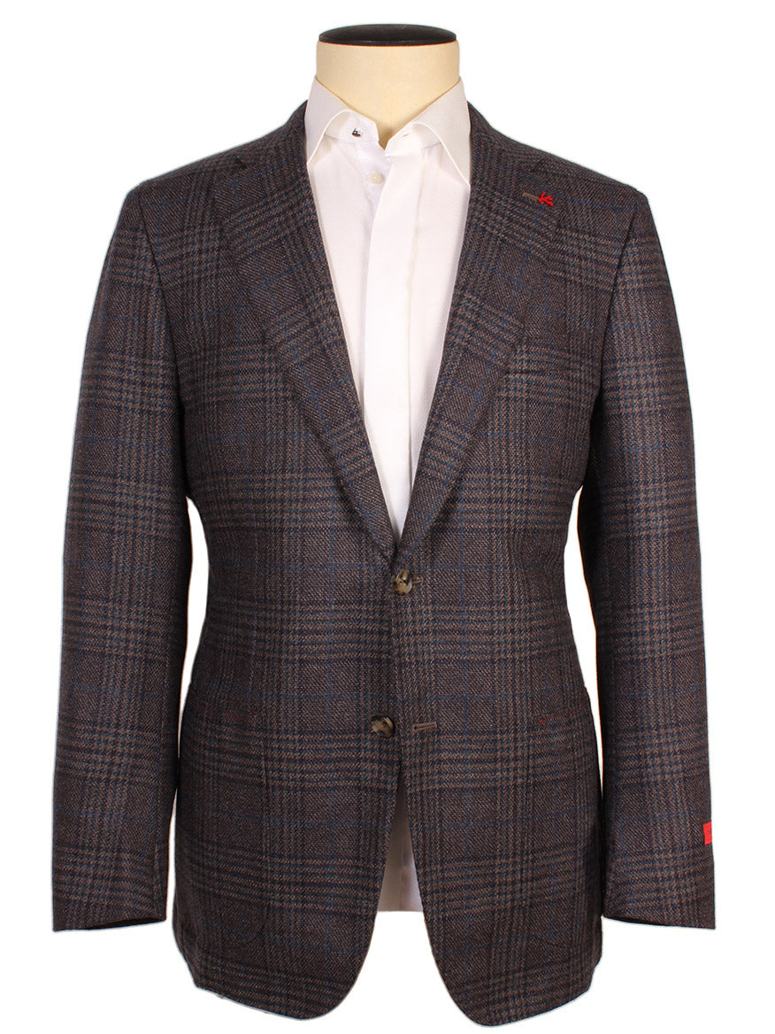 A mannequin dressed in an Isaia Sanita Patch Pocket Sport Jacket in medium blue plaid, made in Italy, over a white dress shirt, with the jacket buttoned in the middle.
