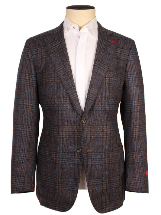 A mannequin dressed in an Isaia Sanita Patch Pocket Sport Jacket in medium blue plaid, made in Italy, over a white dress shirt, with the jacket buttoned in the middle.