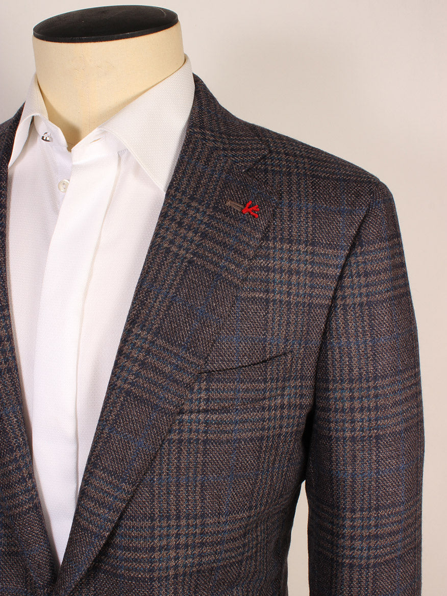A close-up of a mannequin dressed in a white shirt and an Isaia Sanita Patch Pocket Sport Jacket in Medium Blue Plaid with a red lapel pin, proudly Made in Italy.
