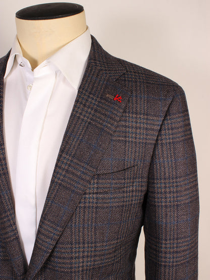 A close-up of a mannequin dressed in a white shirt and an Isaia Sanita Patch Pocket Sport Jacket in Medium Blue Plaid with a red lapel pin, proudly Made in Italy.