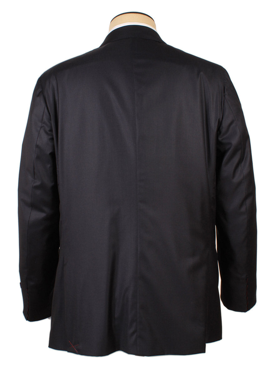 The Isaia Sanita Dark Blue Suit jacket, crafted from a wool-silk blend in Italy, is displayed on a mannequin and shown from the back against a white background.