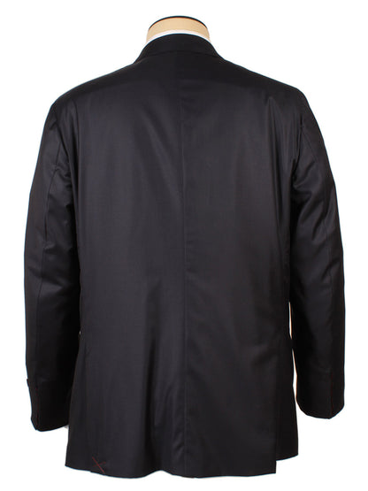 The Isaia Sanita Dark Blue Suit jacket, crafted from a wool-silk blend in Italy, is displayed on a mannequin and shown from the back against a white background.