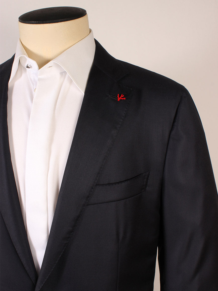 A mannequin showcases the Isaia Sanita Dark Blue Suit, made in Italy from a wool-silk blend, featuring a white dress shirt and signature red stitch detail on the lapel.