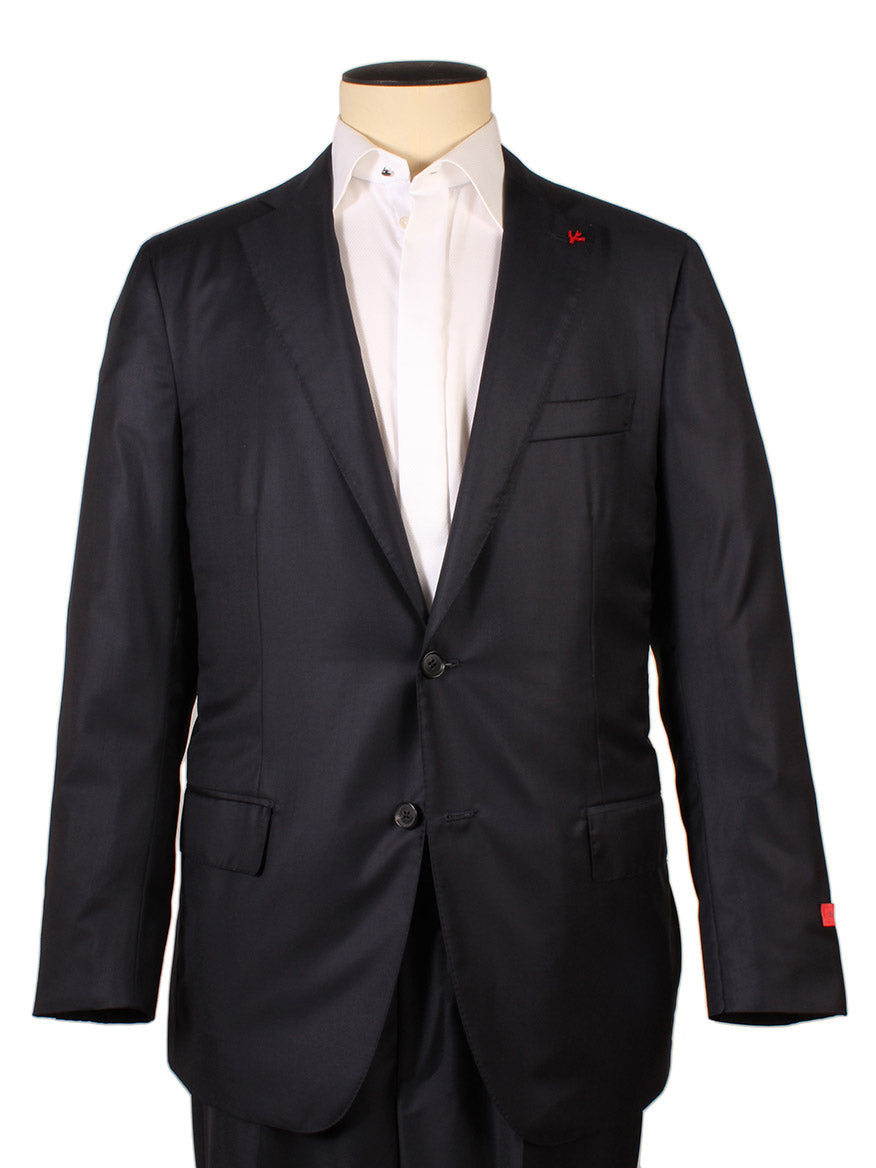 A mannequin wears the Isaia Sanita Dark Blue Suit, crafted in Italy from a wool-silk blend, paired with a white dress shirt and featuring red lapel and sleeve accents.