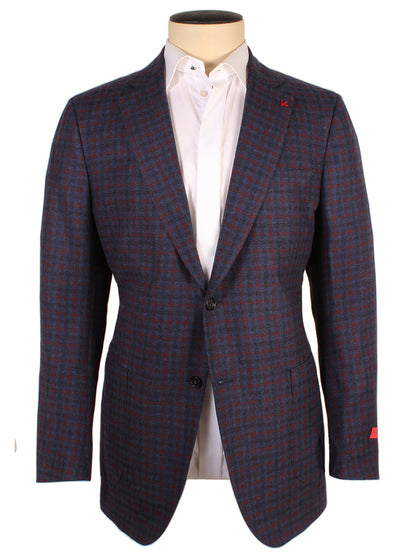 Mannequin wearing a navy blue and orange plaid blazer over a white dress shirt. The Isaia Winter Delain Sport Jacket in Navy & Brick Check, Made in Italy, features a notched lapel and two buttons.