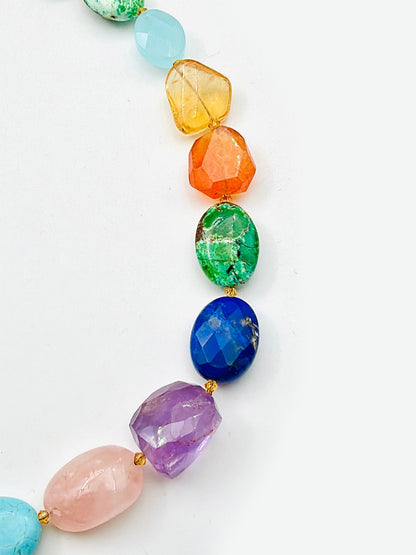 Close-up of the JMNYC Designs 18" Vivid Multi Stone Necklace, featuring faceted oval and polygonal stones in blue, green, orange, purple, and pink hues—each separated by small gold beads against a white background. This vibrant necklace beautifully highlights its multi-stone design, adding a lively pop of color.