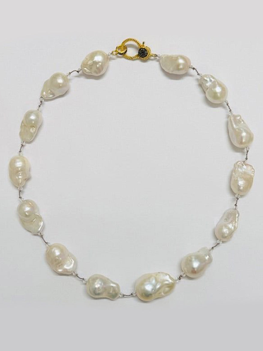 JMNYC Designs 18" White Baroque Pearl Necklace with Two Tone Diamond Clasp, showcasing large, irregular white baroque pearls connected by short metal links and finished with an elegant two-tone diamond clasp.