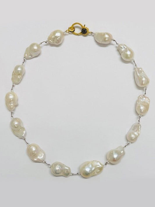 JMNYC Designs 18" White Baroque Pearl Necklace with Two Tone Diamond Clasp, showcasing large, irregular white baroque pearls connected by short metal links and finished with an elegant two-tone diamond clasp.