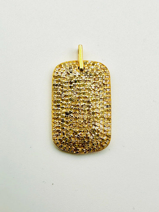 The JMNYC Designs Small Gold Vermeil Pave Diamond Dog Tag Pendant features a rectangular shape with sparkling pave diamonds and a smooth bail, shown against a plain white background.
