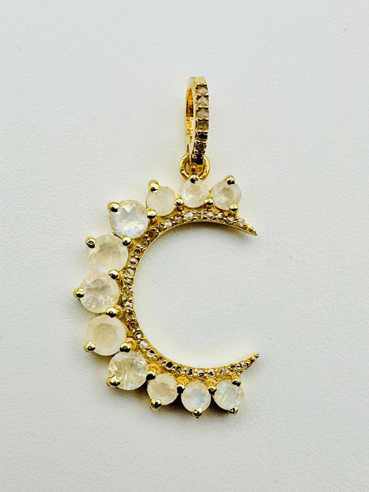 JMNYC Designs Rainbow Moonstone & Diamond Crescent Moon Pendant with Gold Vermeil displayed on a plain white background.