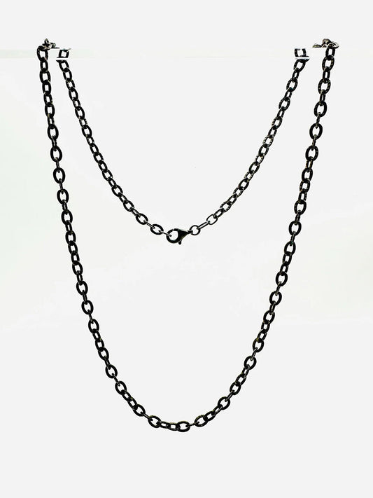 The JMNYC Designs 3mm rhodium plated cable chain with sterling silver, 18" length, features oval links and a central clasp, displayed against a plain white background.