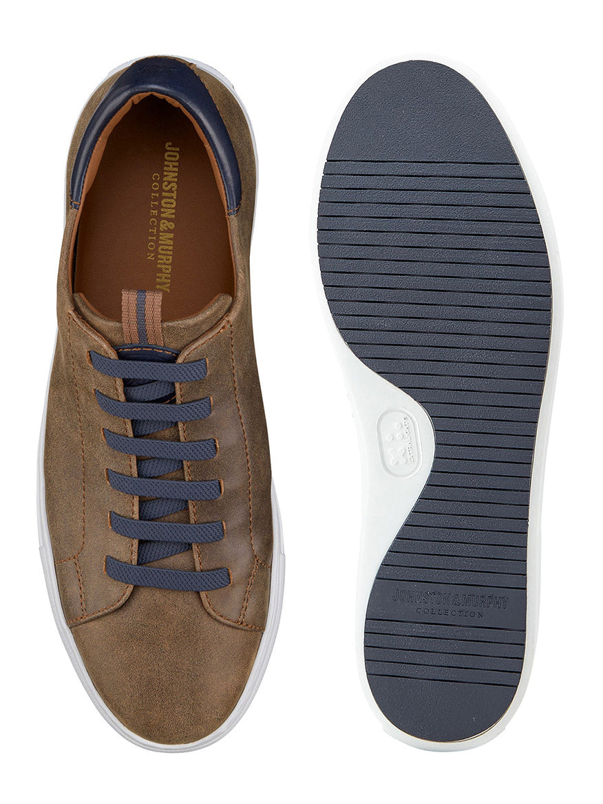 Top view of a pair of J & M Collection Anson Lace-to-Toe in Brown Full Grain sneakers with navy laces, one shoe facing up and the other facing down showing an XL Extralight EVA outsole.