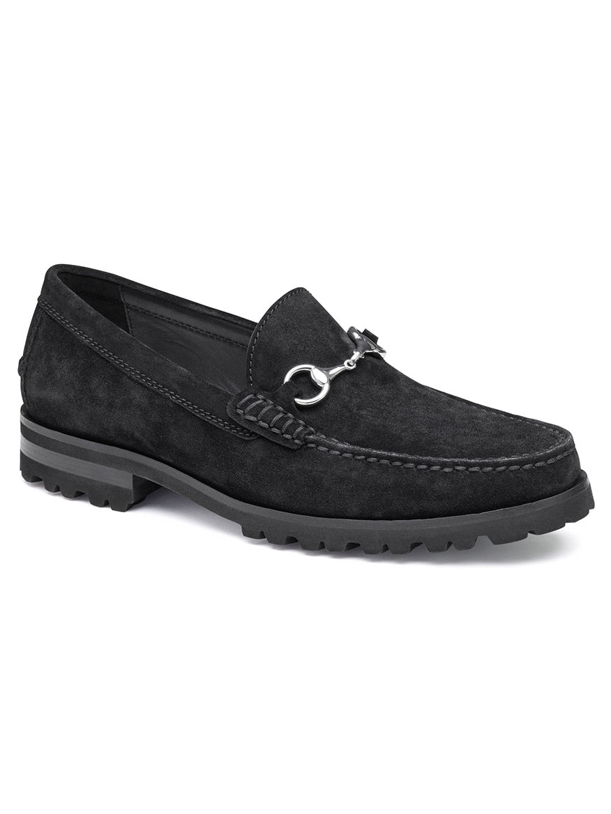 The J & M Collection Baldwin Lug Bit in Black English Suede features a silver buckle detail, leather lining, and an EXTRALIGHT EVA outsole.