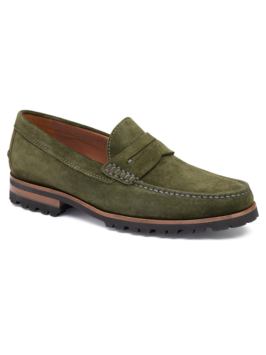 Introducing the J & M Collection Baldwin Lug Penny in Olive English Suede, a handsewn moccasin featuring an intricate stitched detailing and a durable XL EXTRALIGHT® EVA outsole.