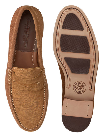 J & M Collection Baldwin Penny in Snuff English Suede loafers are showcased from top and bottom. The English suede upper is textured, and the leather/rubber outsole has dark grips with intricate stitching details.