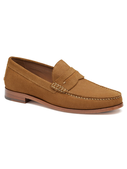 The J & M Collection Baldwin Penny in Snuff English Suede is a brown leather loafer featuring moccasin construction, a flat heel, and stitched toe detailing, viewed from the side.