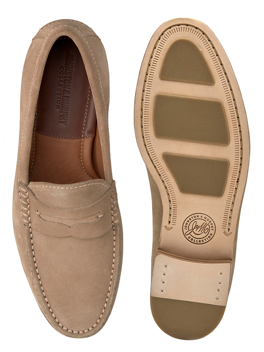 Image of a J & M Collection Baldwin Penny in Taupe English Suede shown from the top and bottom. The top view displays the handsewn moccasin stitching details and penny slot, while the sole view reveals the tread and logo imprint. These loafers also feature a cushioned footbed for added comfort.