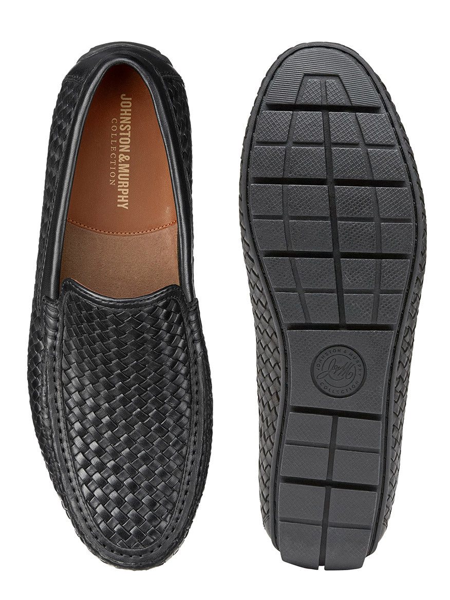 Top-down view of a J & M Collection Baldwin Woven in Black Sheepskin moccasin alongside its sole showing the tread pattern.