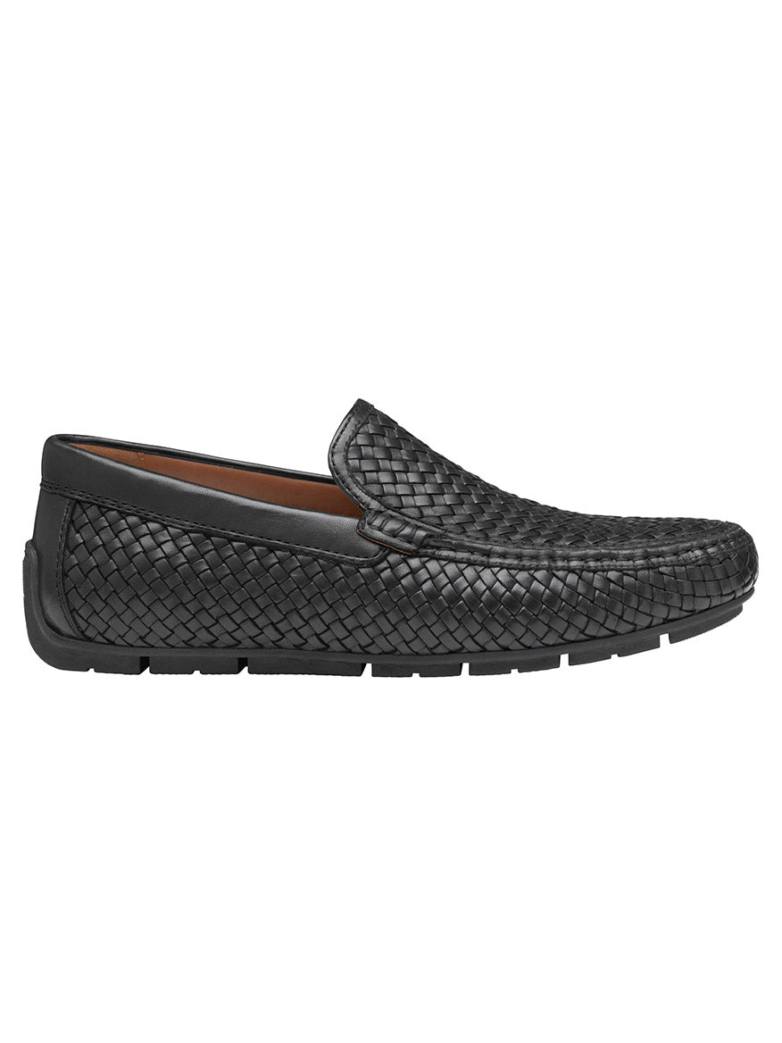 J & M Collection Baldwin Woven Black Sheepskin handsewn leather moccasin loafer on a white background.