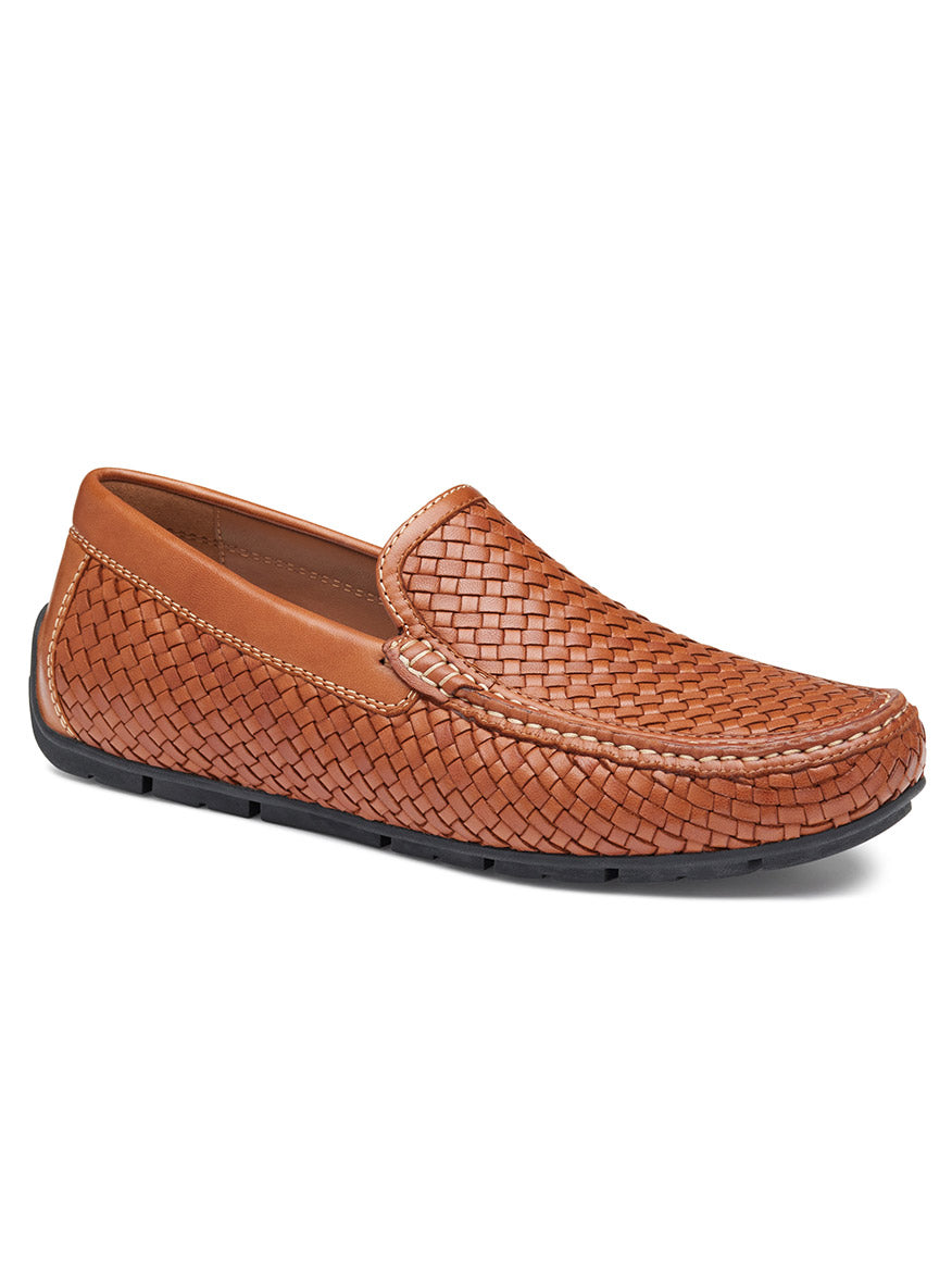 A men's J & M Collection Baldwin Woven in Tan Sheepskin loafer with handsewn moccasin construction and sheepskin lining.