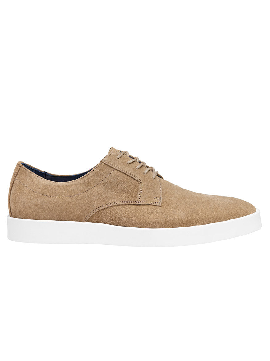 The J & M Collection Bolivar Plain Toe in Taupe Italian Suede, featuring a white rubber sole and full leather lining, is depicted in a side profile view against a white background.