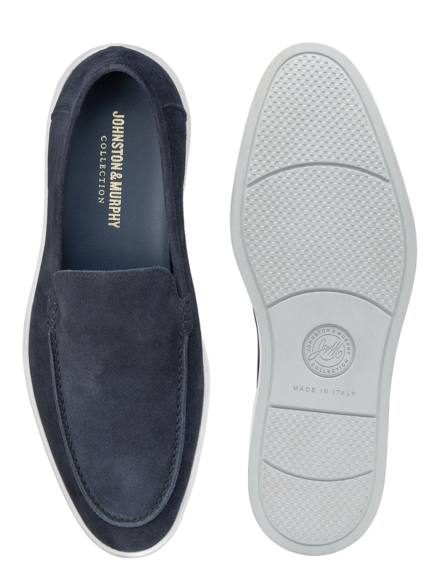 Top view of a pair of J & M Collection Bolivar Venetian in Navy Italian Suede loafers with the left shoe facing up and the right shoe sole facing up, displaying "made in Italy" markings.