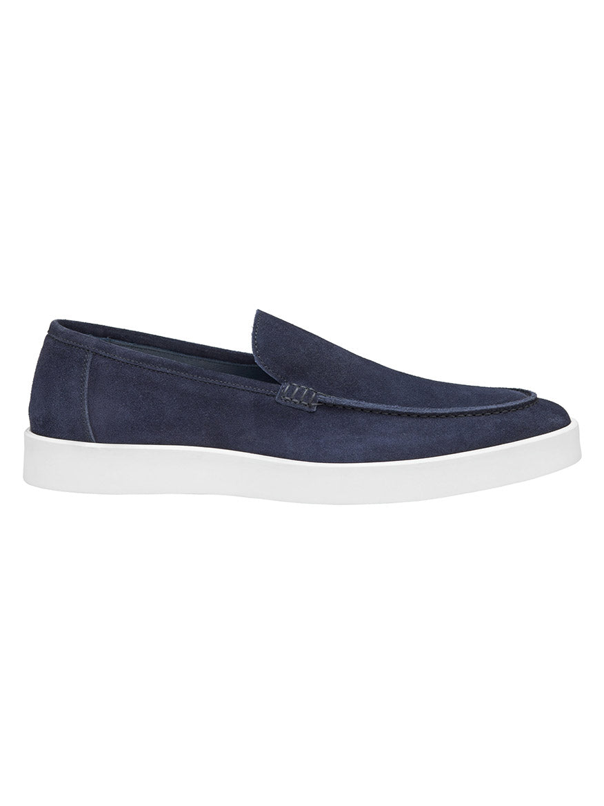 J & M Collection Bolivar Venetian in Navy Italian Suede slip-on loafer with a white sole, displayed against a white background.
