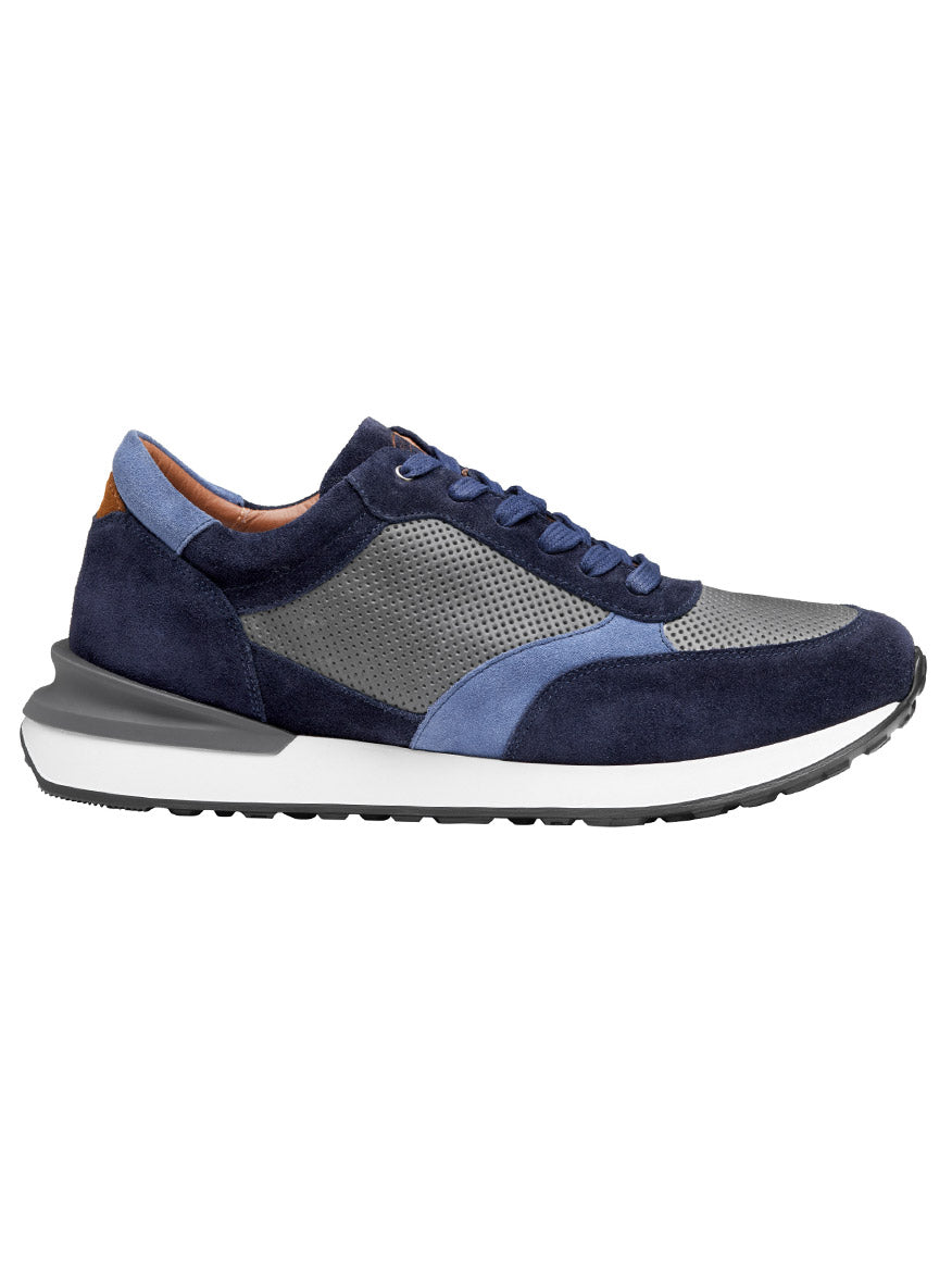 The J & M Collection Briggs Perfed Lace-Up in Navy/Grey/Blue Italian Suede/Calf is an athletic sneaker with a textured design, white sole, and EVA outsole for enhanced comfort, viewed from the side.