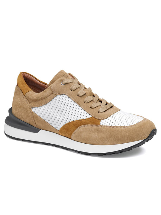 The J & M Collection Briggs Perfed Lace-Up in Taupe/Brown/White Italian Suede is a casual sneaker featuring a tan suede and white mesh design, light brown laces, a contrast TPU heel stabilizer, and a white and black rubber sole.