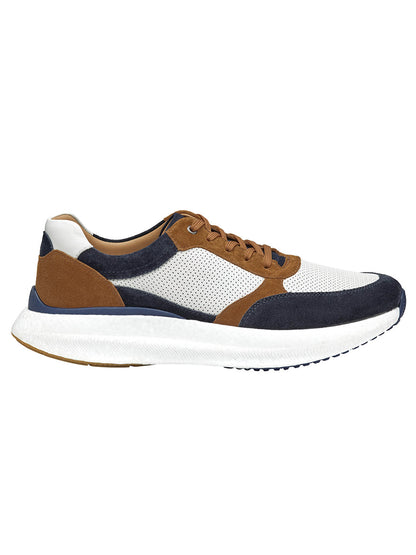 A side view of the J & M Collection Briley Perfed Jogger in Navy Multi Suede/Full Grain, featuring a stylish running shoe design with a white perforated upper, navy suede leather panels, brown leather details, a POWERFOAM midsole for added cushioning, and a dark gum outsole.